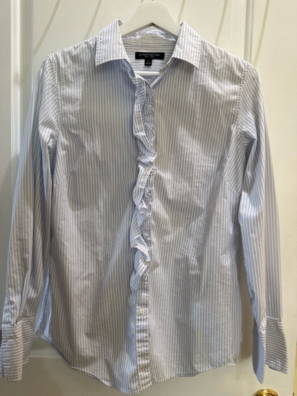 Banana Republic Light Blue & White Striped Ruffle-Trim Button Shirt